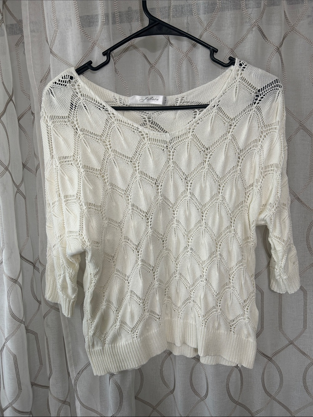 Amazon Women's Cream Openwork Off-Shoulder Knit Sweater